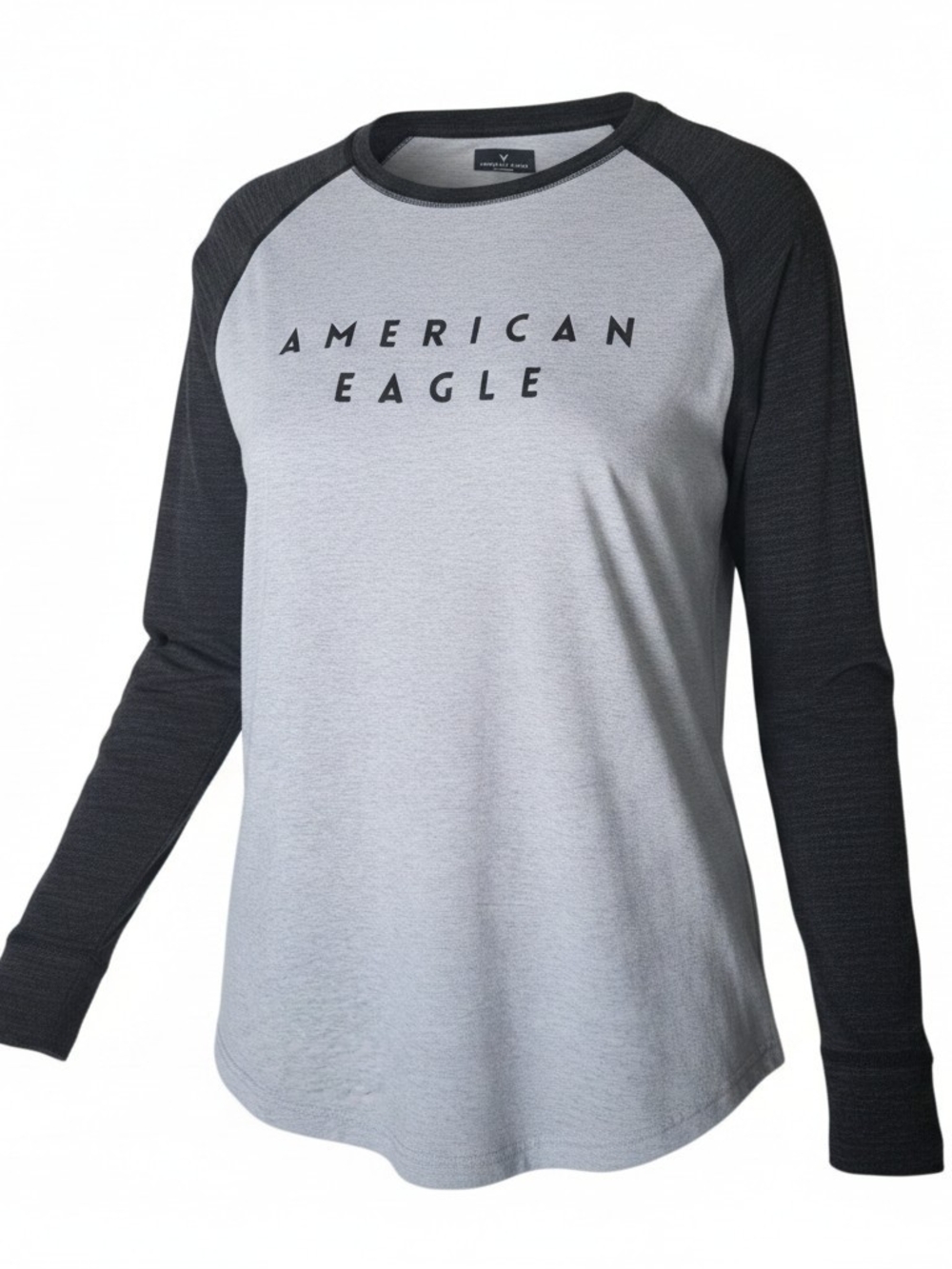 American Eagle Women’s Size Large Gray Black Raglan Long Sleeve Logo Shirt